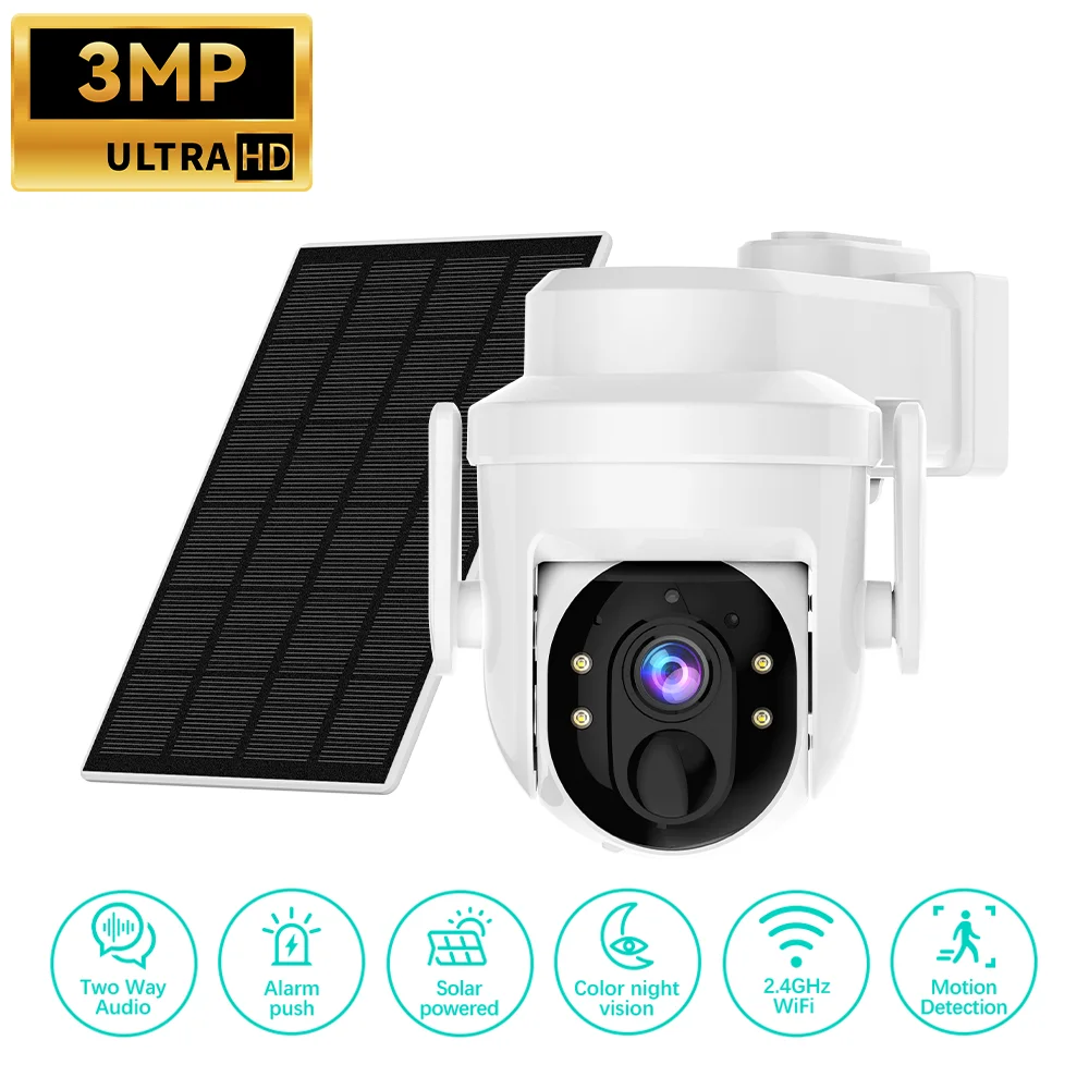3MP WiFi Solar Security Camera IP65 Waterproof PIR Human Detection Full Color Night Vision Pan/Tilt Storage Optional