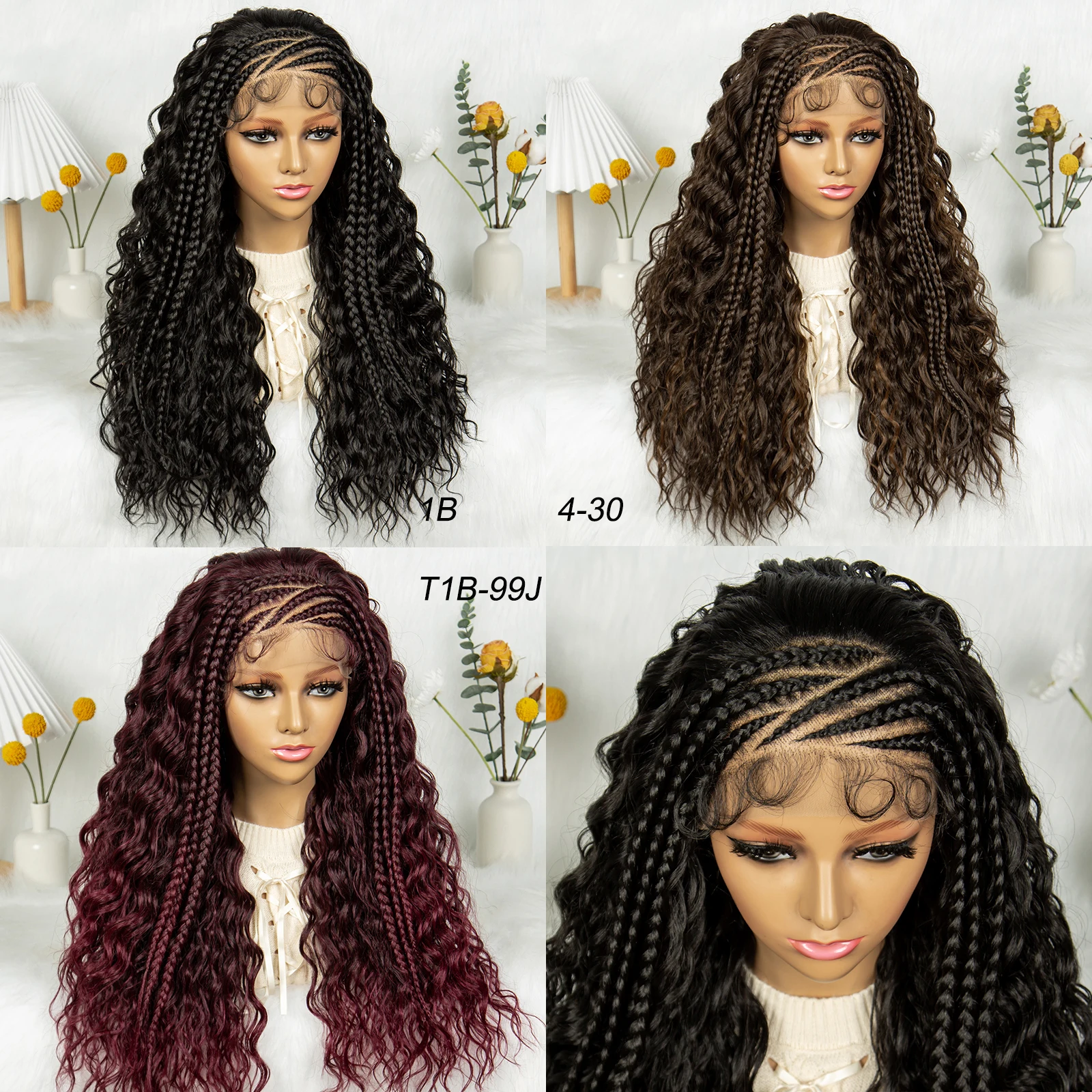 Kima Synthetic Burgundy Braided Wigs 13x4 Lace Front Wig Cornrow Stitch Braids with Baby Hair Curly Braided Wigs for Black Women