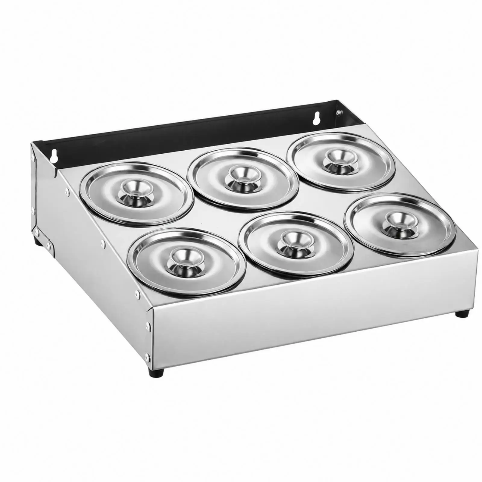 Kitchen Condiments Holder Stainless Steel Rack with Round Containers and Lids for Wall Mount or Counter Use
