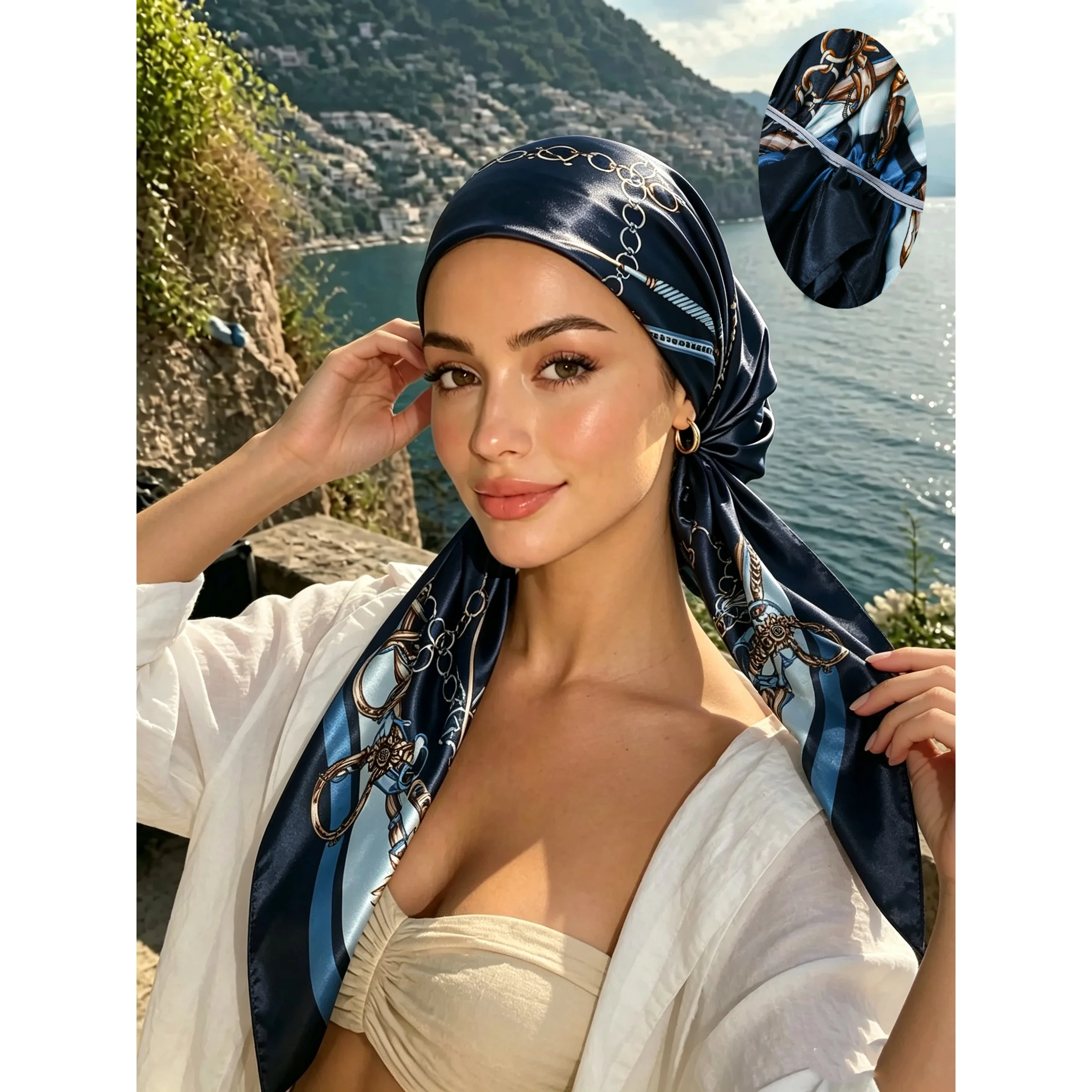 Women Vintage Chain Print Satin Head Scarf, Elastic Non-Slip Bandana Cap, Lightweight Turban Head Wrap for Daily Streetwear