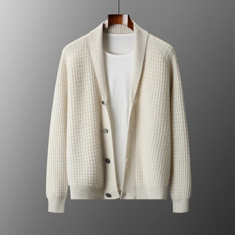 

Light Luxury 100% Cashmere Cardigan for Men, Green Fruit Collar, Thickened Loose Knit Fashion Casual Base Shirt, Warm Sweater