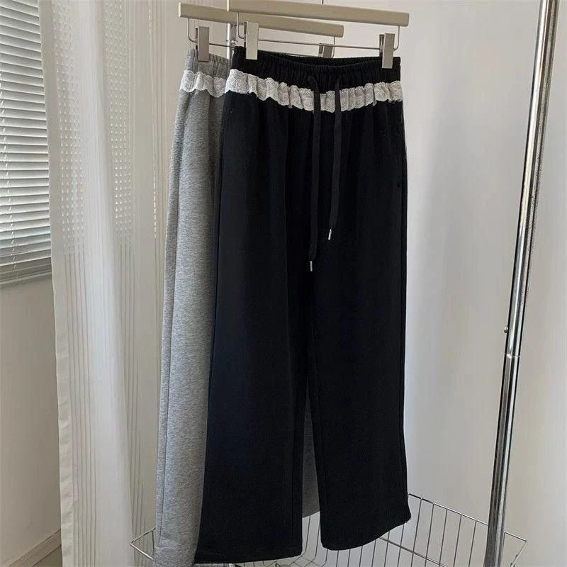 Women Wide Leg Sweatpants Lace Trim Elastic Waist Casual Gray Loose Straight Pants Spring Summer 2026 Loungewear