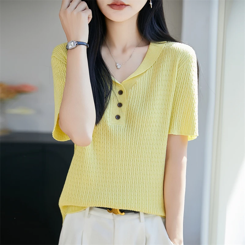 Summer New Women's Short Sleeve Solid Color V-neck Knitted T-shirt Basic Women's Pullover Short Sleeve Fashion Hot Sale