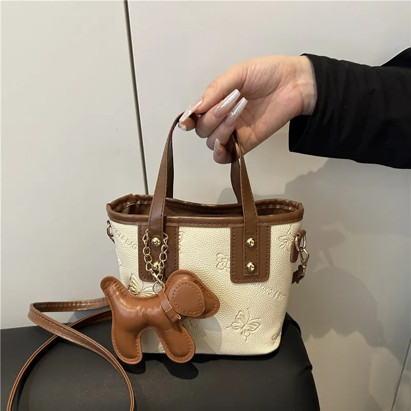 

Французская сумка-ведро с цветными блоками, женская сумка через плечо из искусственной кожи с милой собакой, модная элегантная сумка с тиснением бабочки