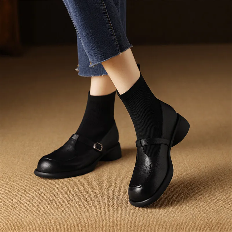 Nowe jesienne buty damskie z prawdziwej skóry Modne buty z okrągłym noskiem dla kobiet Krótkie buty Botines Mujer Chunky Heels Skinny Boots