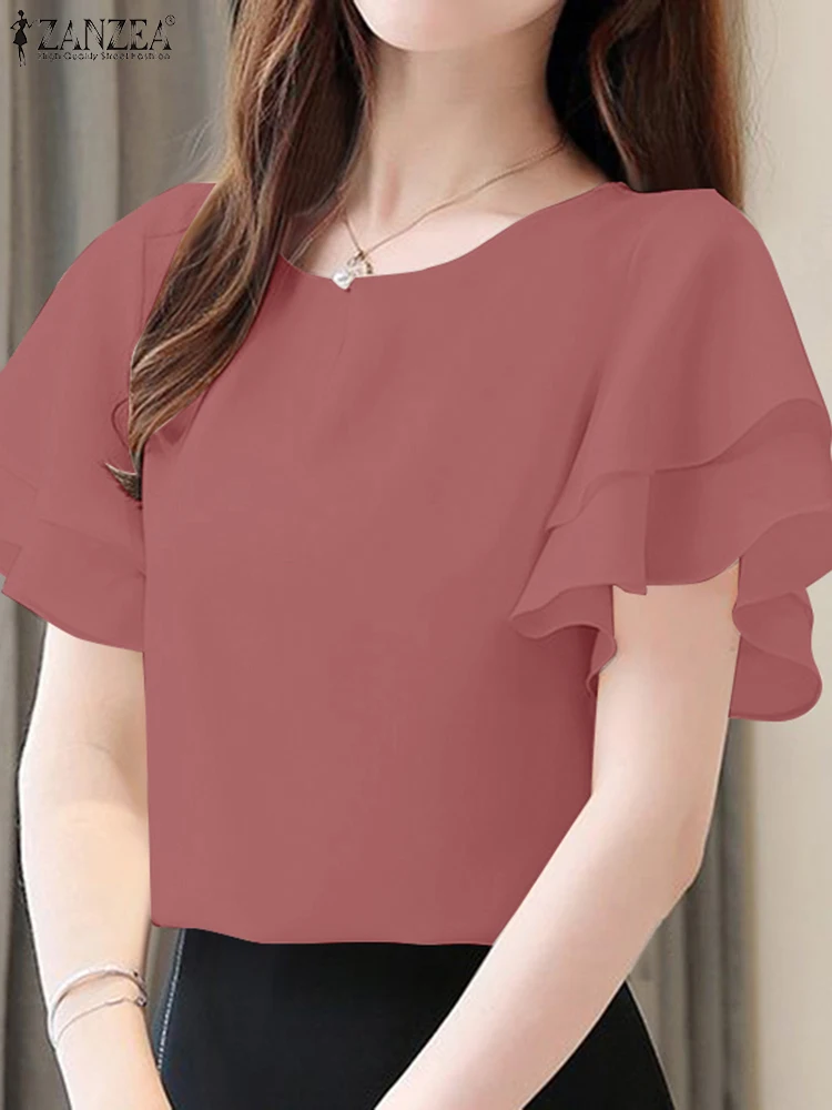 ZANZEA 夏エレガントな半袖オフィスシャツ女性ブラウス 2025 カジュアル固体 OL ワークトップスファッション O ネックホリデーパーティー Blusas