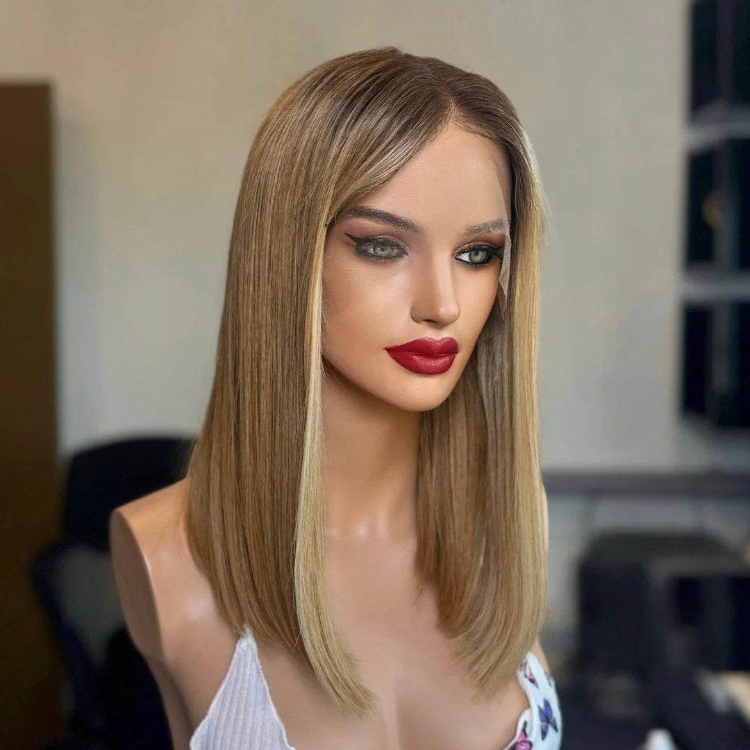 

Shoulder Length Brown Blonde Short Straight wig High Temperature Silk Synthetic Lace Front Wig For Women Cosplay