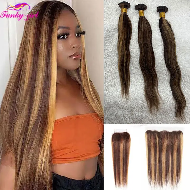 Brazilian P4 27 Highlight Bundles Straight Human Hair Bundles With Frontal 13x4 Front Ombre Human Hair Weave Bundle With Closure