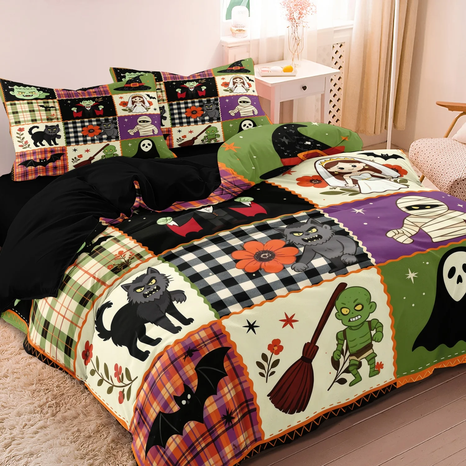  3Pcs Classic Monster Halloween Patchwork Print Duvet Cover Set, Vampire Mummy Holiday Print Bedding, Multiple Sizes Available
