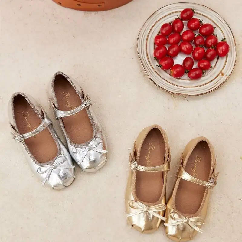 Ballet Style Girls Metallic Mary Jane Flat Shoes Bow Buckle Strap Kids Princess Wedding Party Ballet Dress Shoes Gold Silver