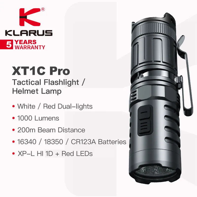 Klarus XT1C Pro torcia tattica/lampada per casco, doppia luce bianca/rossa, riflettore a buccia d\'arancia, 1000 lumen, 16340/18350/CR123A