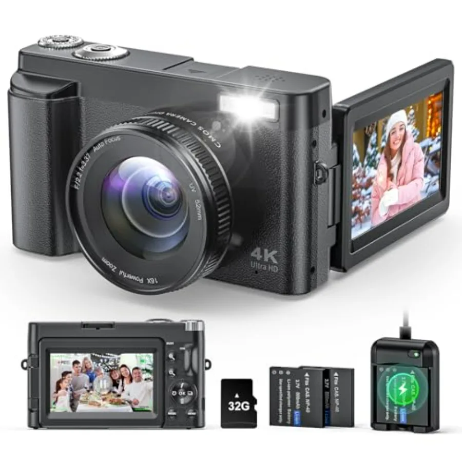 

4K Digital Camera for Beginners and Teens, Autofocus 48MP Vlogging Camera for YouTube, 3'' 180°Flip Screen Camera with Flash 16