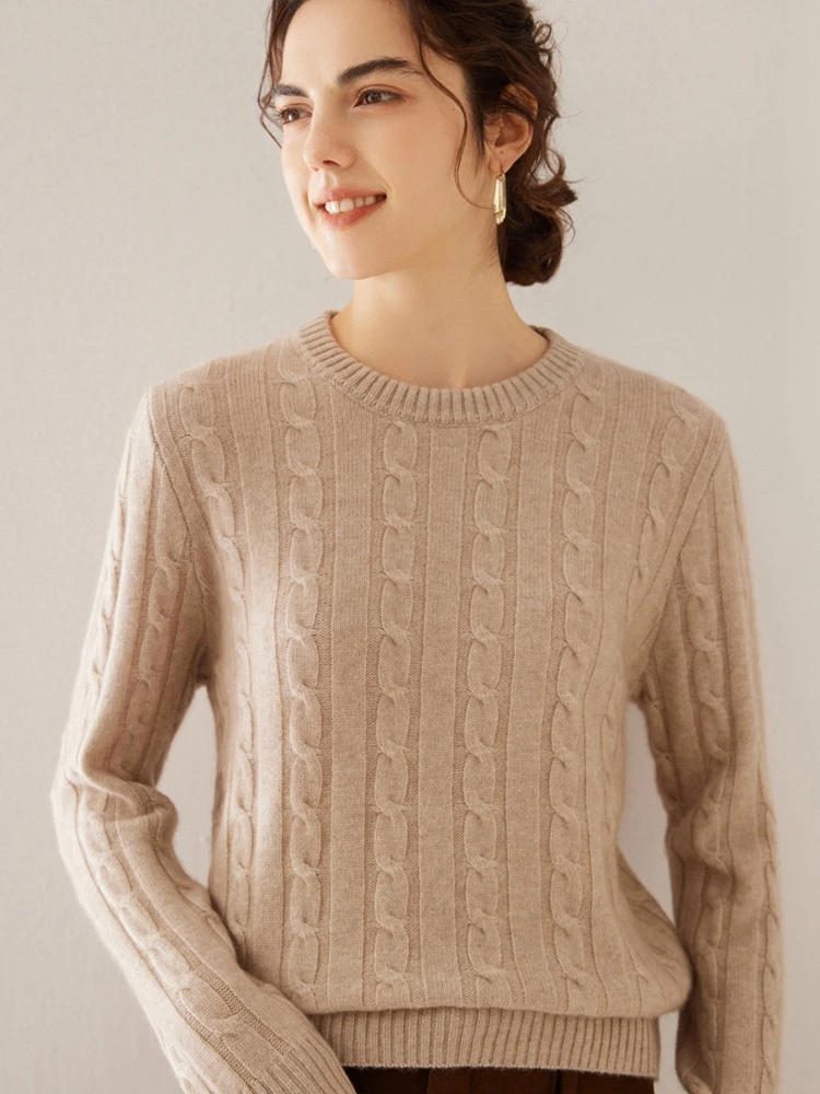 ADEWhatsApp-Pull en cachemire à col rond pour femme, pull en tricot torsadé, tricots en cachemire, vêtements féminins doux, automne, hiver, 100%