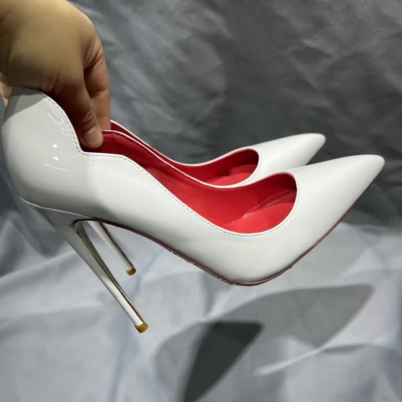 Tikicup Vrouwen Sexy Patent Extreem Hoge Hak Schoenen Puntige Teen Krul Cut Dames Ontwerper Stiletto Pumps Roze Zwart 12/10/8Cm