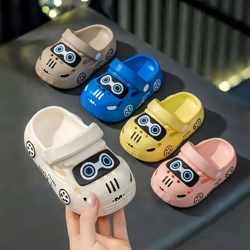 Summer Cartoon Small Car Children Perforated Shoes Kids Closed-toe Slippers Cool Slippers Boy Girl Beach Wading Shoes Soft Sole