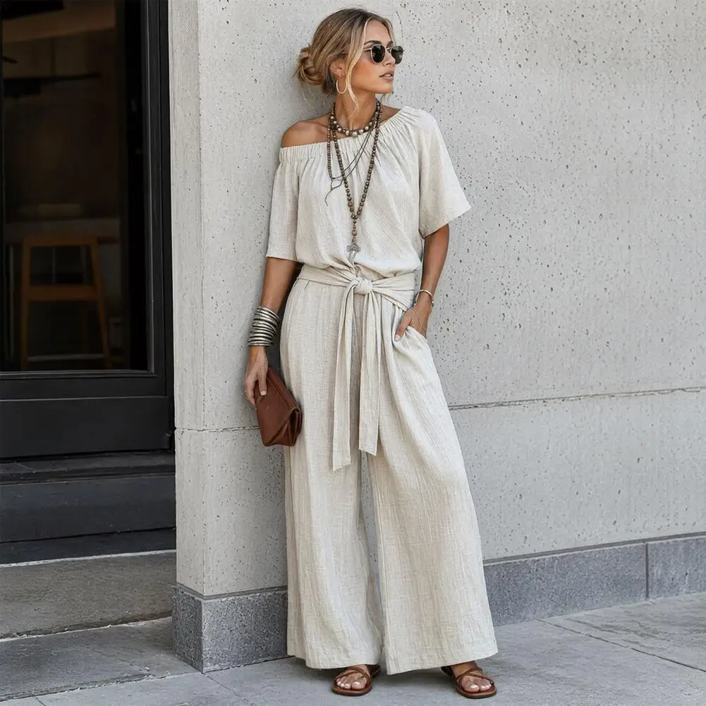 Women Jumpsuit Women’s Off Shoulder Jumpsuit with Tie Waist Short Sleeve Wide Leg Rompers Summer One-piece Outfit with Pockets