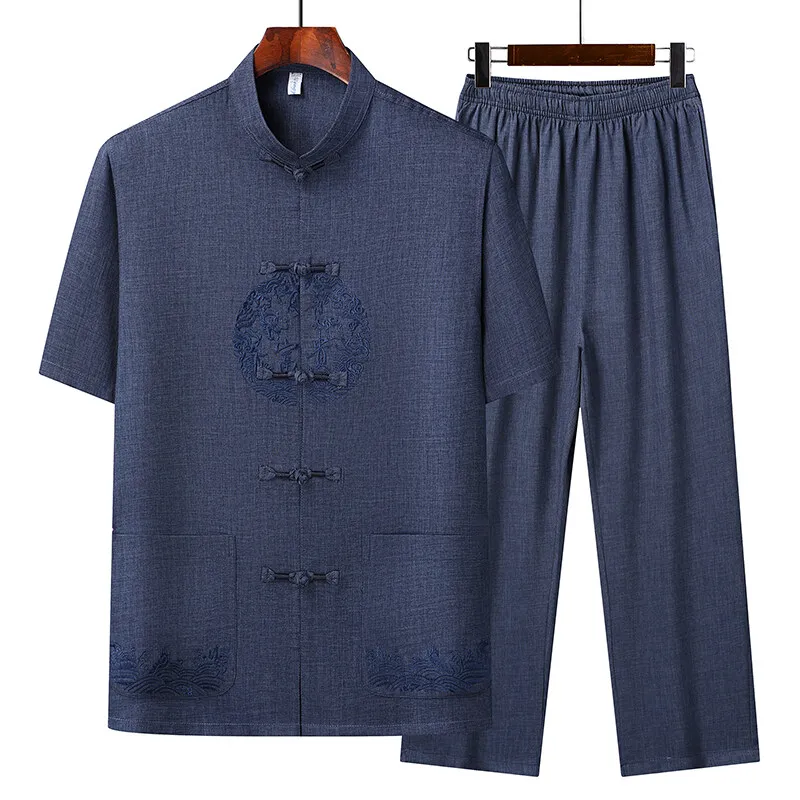 

Men's Fashion printing Sportswear Two-piece set short sleeve Cotton linen Male Casual Chinese style Shirts + Pants summer spring