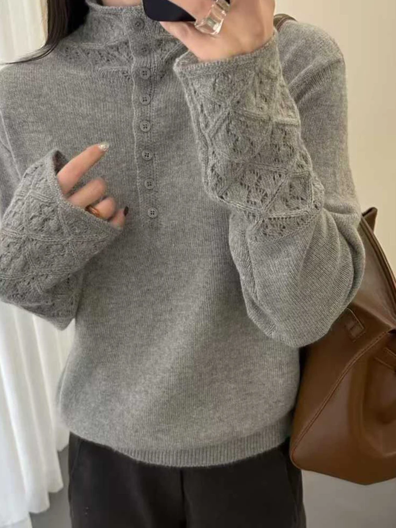 

Женский утепленный свитер Rixo с воротником-стойкой на пуговицах, свободный вязаный базовый топ, повседневный стиль, длинный рукав, теплый