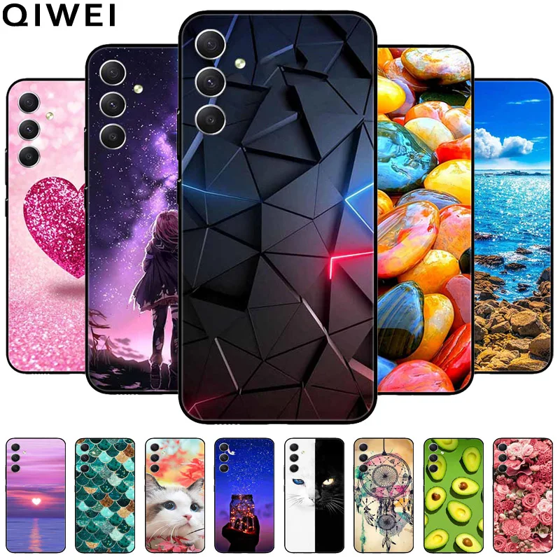 For Samsung Galaxy A55 5G Case Black TPU Silicone Beautiful Pattern Phone Cases for Galaxy A55 Shockproof Soft Cover A 55 6.6''