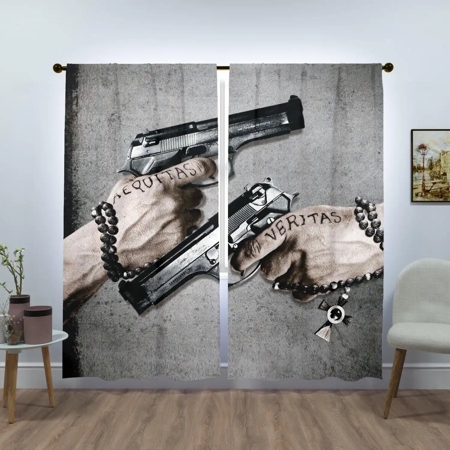 Gothic Handgun Tattoo Art Curtain Pair for Man Woman Bathroom Bedroom Decor Style
