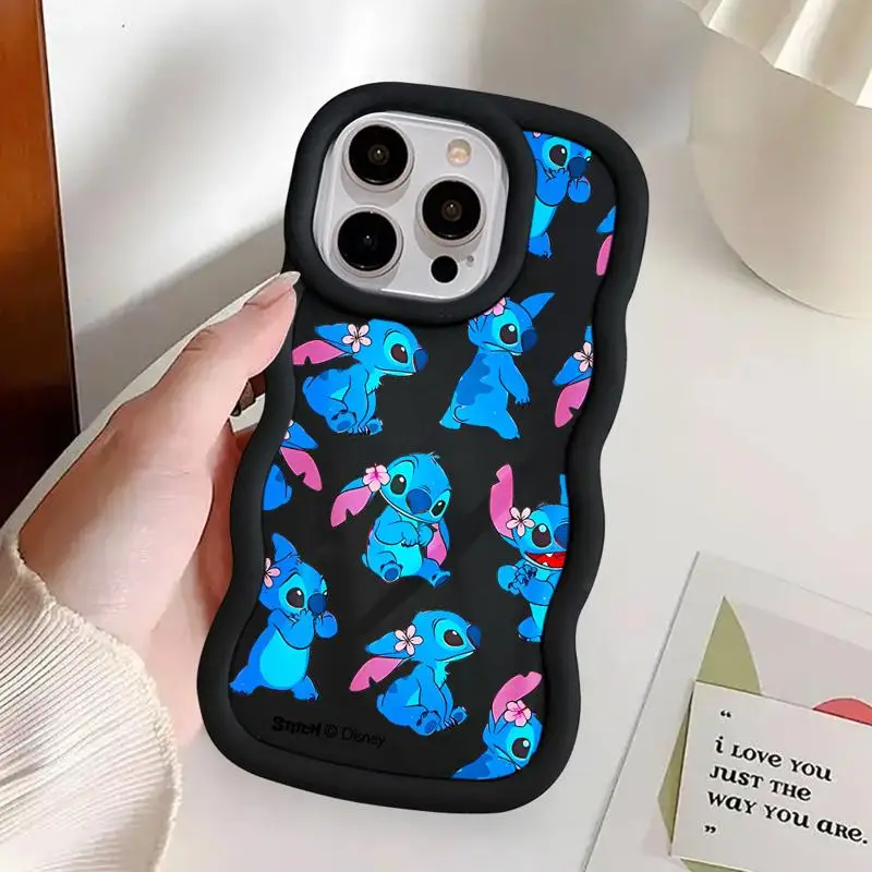 Luxury DisneyCute Angel Stitch Macaron Waves Phone Case for iPhone 15 14 13 12 11 pro Max XS XR X 7 8 plus Soft Candy Cover