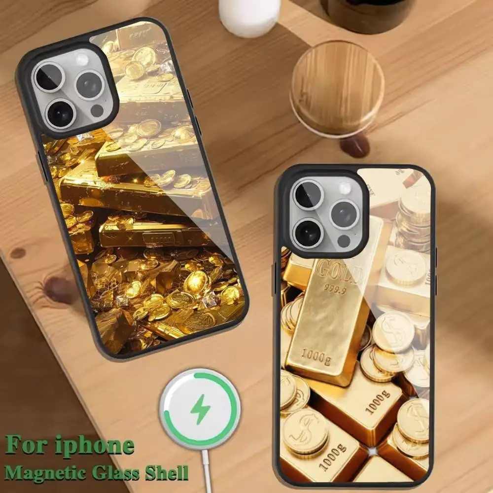 

Gold pattern Phone Case For Magnetic Wireless Charge Cover For iphone 16 15 14 13 12 11 Pro Max Plus Coque