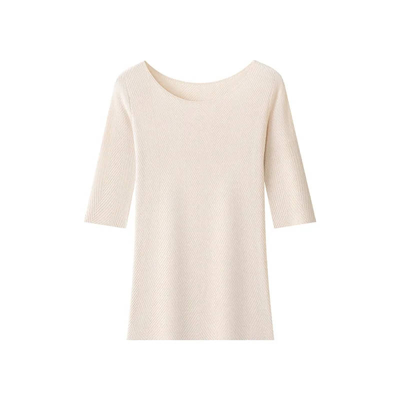 Damska Jesienna Nowa Bezszwowa Ultracienka Koszulka Dzianinowa z Mieszanki Lyocellu, Jedwabiu Morwowego i Naturalnego Jedwabiu, Wyszczuplająca, z Efektem Wodnej Falki