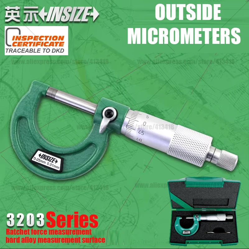Insize Outside Micrometers Graduation 0.01mm 0-25/25-50/50-75/75-100mm Measuring Instrument Green Measurement Tools