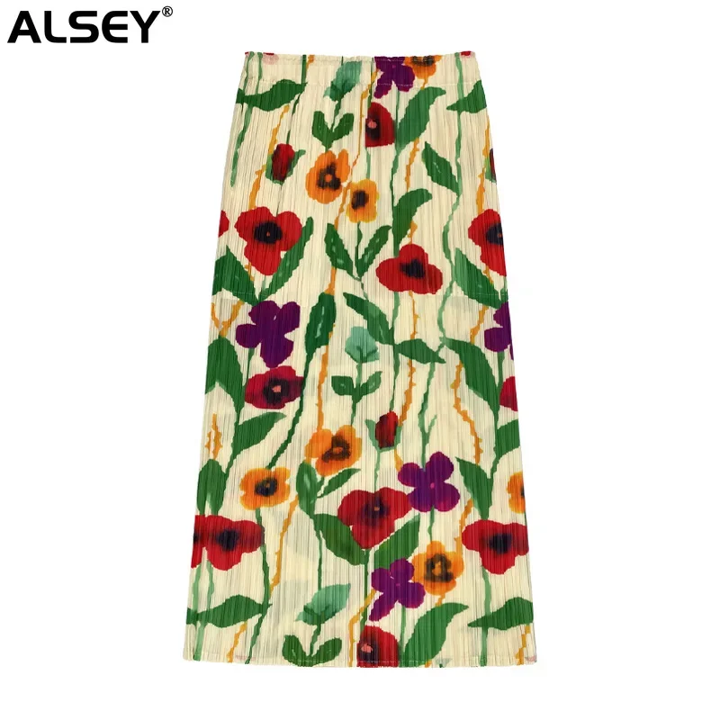 

ALSEY Miyake Pleated Printed Bustier for Women Summer Fall New High-waisted Split A-line Skirt Slim Temperament Elegant Skirt