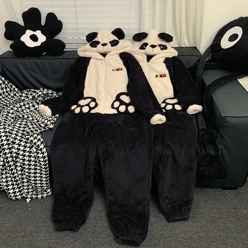 Kigurumis Panda Winter Women Pajamas Jumpsuits Men Sleepwear Warm Thicken Couple Cartoon Hooded Coral Velvet One-Pieces Lovers