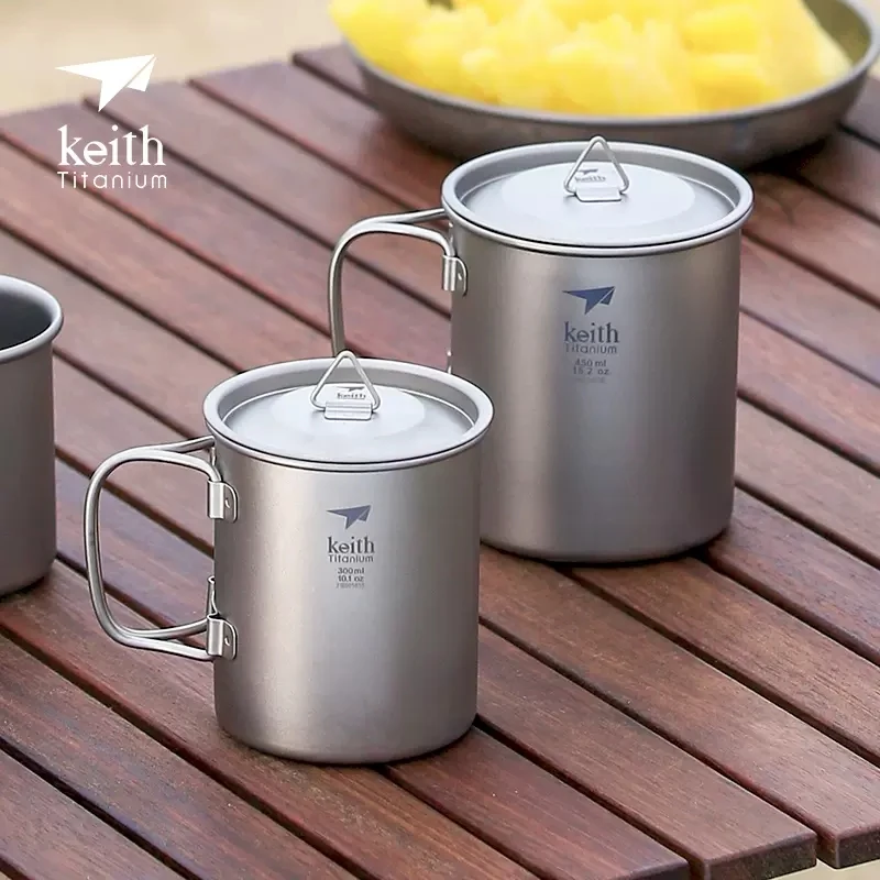 Keith Titanium Single-wall Mug with Folding Handle and Lid Outdoor Camping Travel Hiking Cups 350ml-550ml