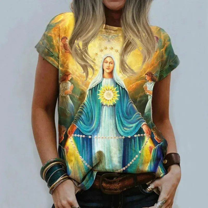 Vintage The Virgin Mary illustrations 3D Printing Summer Women T-Shirts  2024 Fashion Tend Street Casual Style Breathable Tee