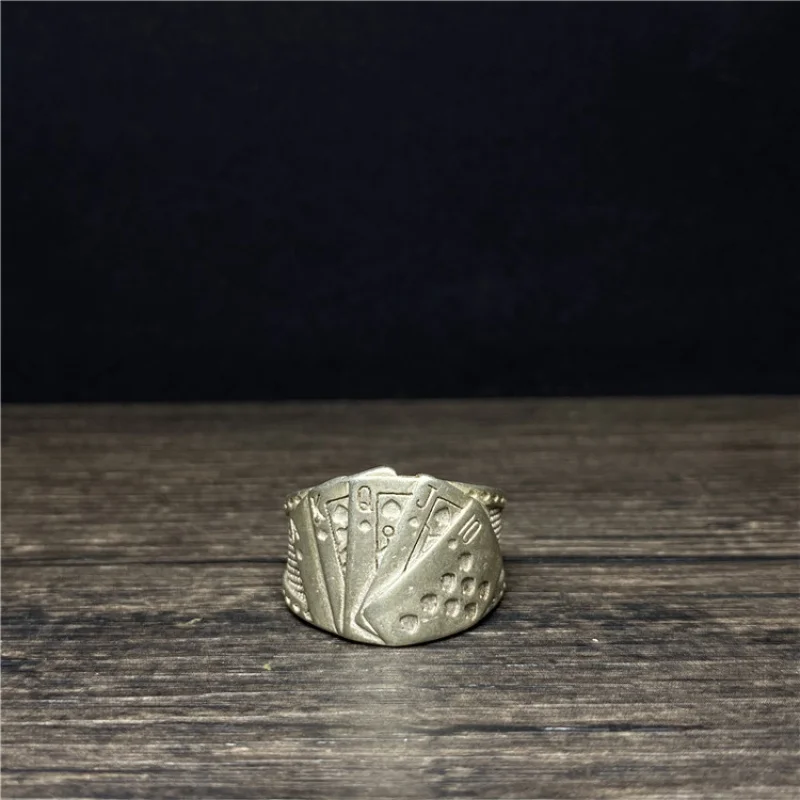 Plated Poker Card Trendy Auspicious Pattern Decor Finger Silver Rotatable Men's Ring