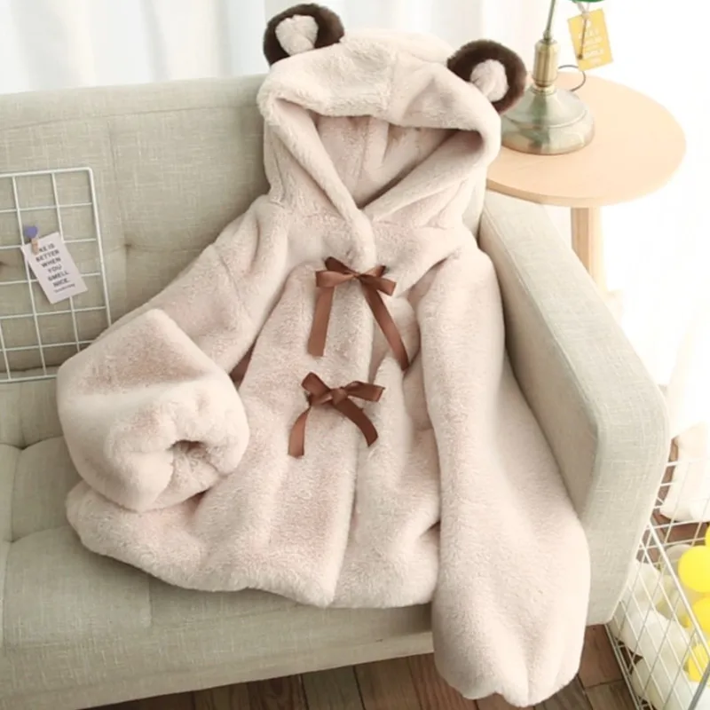 

Autumn Winter Lamb Fleece Coat 2023 Women's Teddy Bear Hooded Warm Jackets Harajuku Sweet Bow Casual Thick Coat Plush Outwear