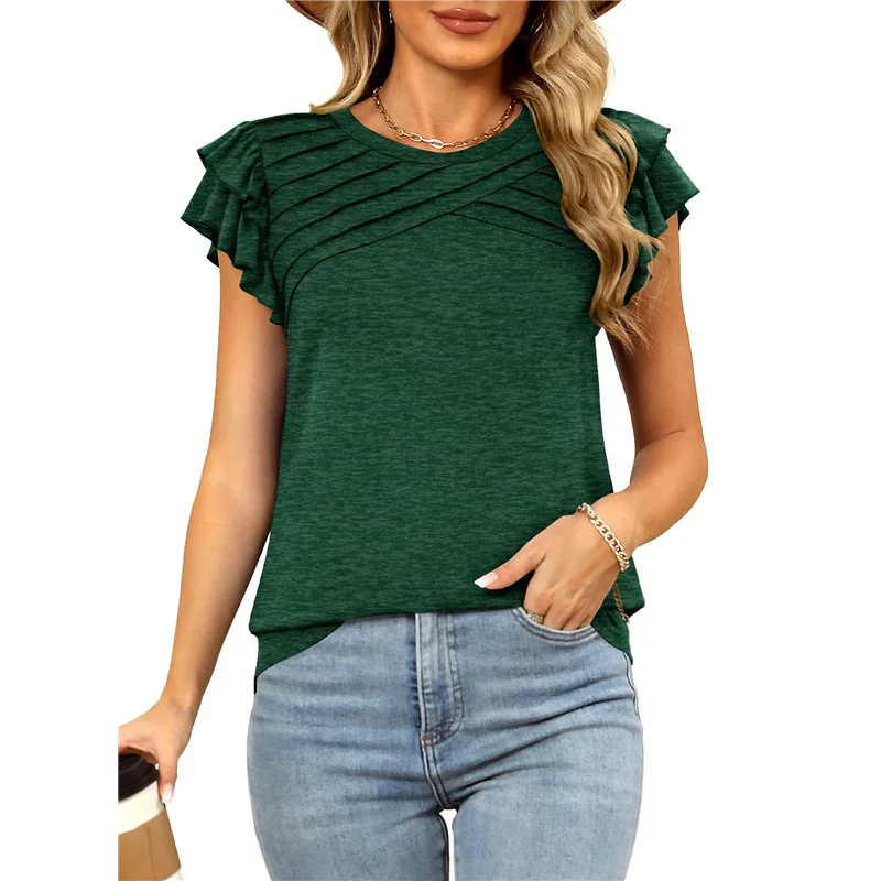 

ABRT-Женская летняя плиссированная футболка с круглым вырезом и короткими рукавами спереди