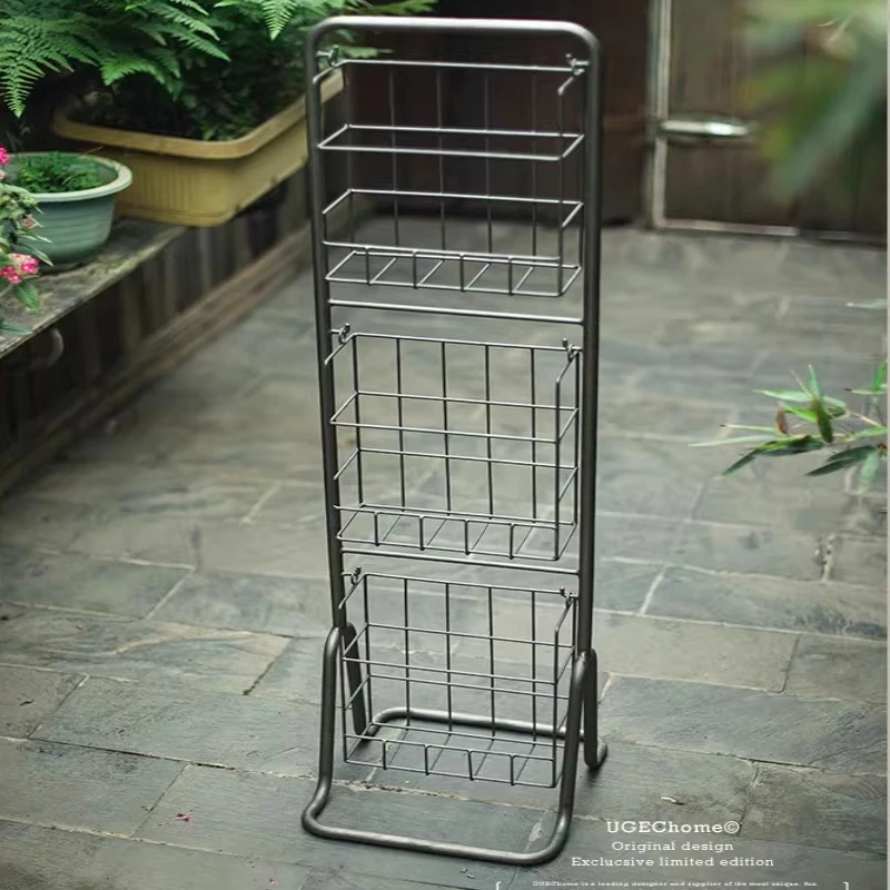 Middle Ancient Style Magazine Rack Multi-layer Iron Display Stand Retro Floor Type Book Shelf Versatile Scene Storage Shelves