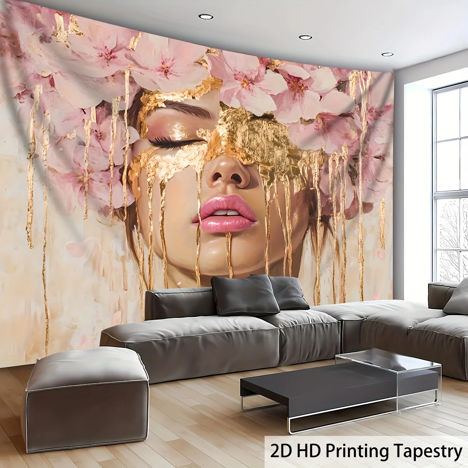 Golden Face Flower Tapestry, Pink Blossom Wall Hanging, Luxury Girl Art Decor, Boho Background Cloth for Bedroom Living Room