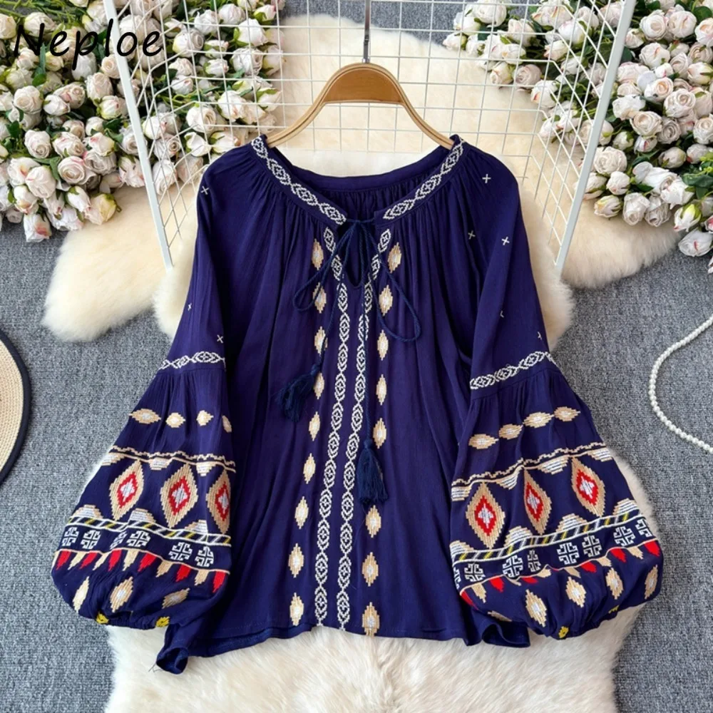 Neploe New Loose V Neck Lantern Sleeve Shirt Women Heavy Elegant Pullover Embroidery Blusas Tassels All-match Lace Up Blouses