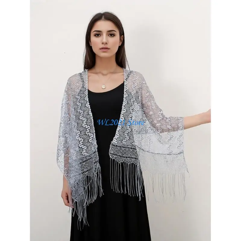 

G5GC Elegant Lace Shawl Hollowed Out Tassels Shawl Multipurpose Solid Laces Shawl