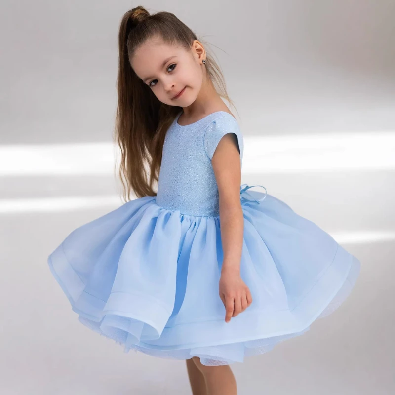 2026 Kids French Style Wedding Flower Girl Tutu Princess Gown Costume Elegant Children Girls Clothes New Blue Sweet Short Sleeve