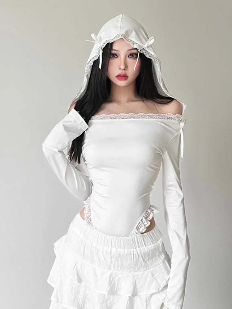 

Hooded Sexy Bodysuit Lingerie Bow One-Pieces Body Feminino White Slim Bustier Long Sleeve Fashion Trends Women Clothing Autumn