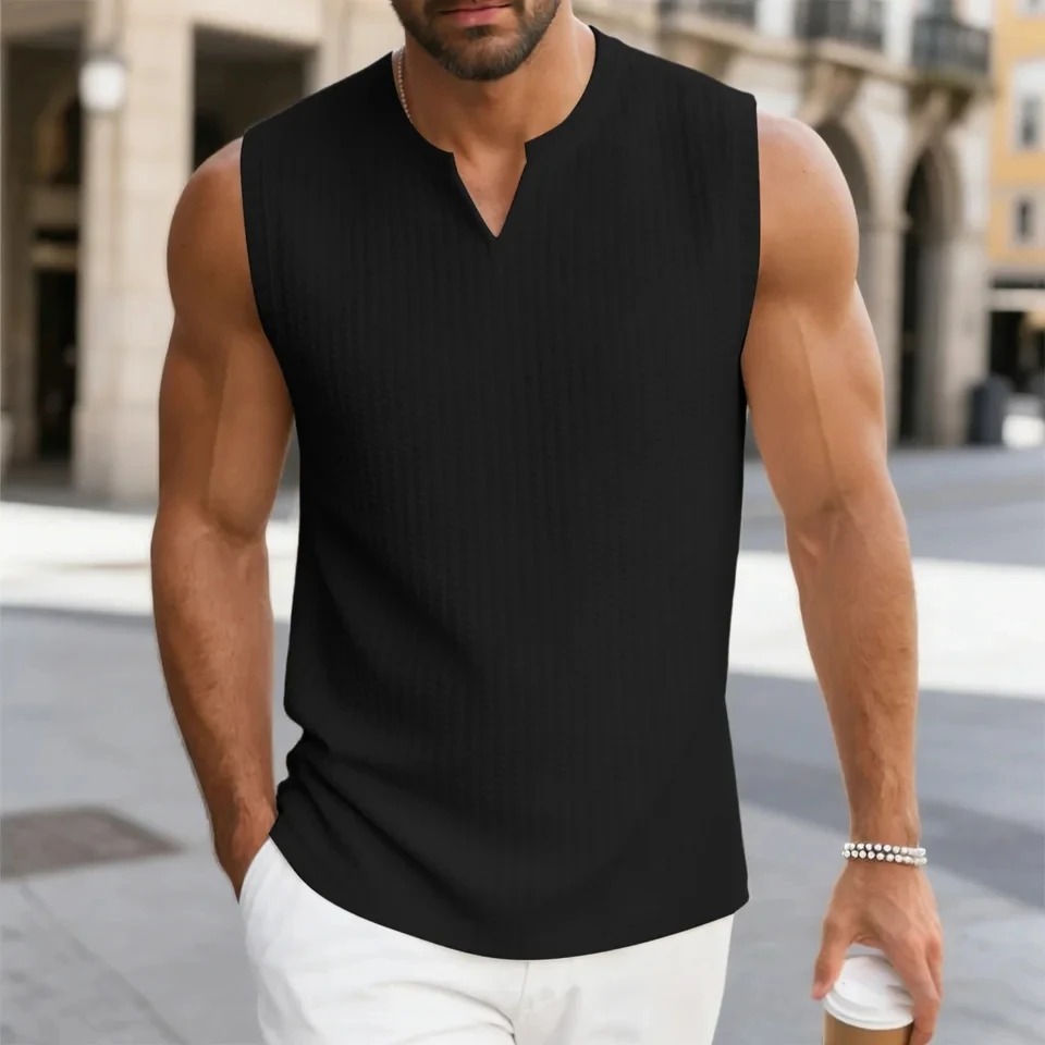Plus Size M-5XL Men's Tank Tops Fashion Jacquard Solid Color Vest Top Summer New Casual V-Neck Sleeveless T Shirts Male Clothes