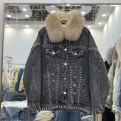 2022 Winter New Denim Stitching Real Fox Fur Collar White Duck Down Coat Women Lapel Bat Sleeve Loose Thick Down Jacket