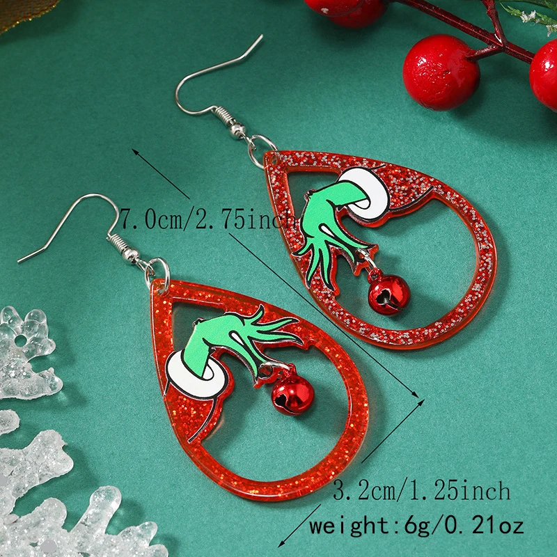Kreative Acryl Grüne Hand Ohrringe für Frauen Weihnachten Gingle Bells Schwarze Katze Anhänger Ohrringe Neujahr Party Schmuck Geschenke – Detail 2