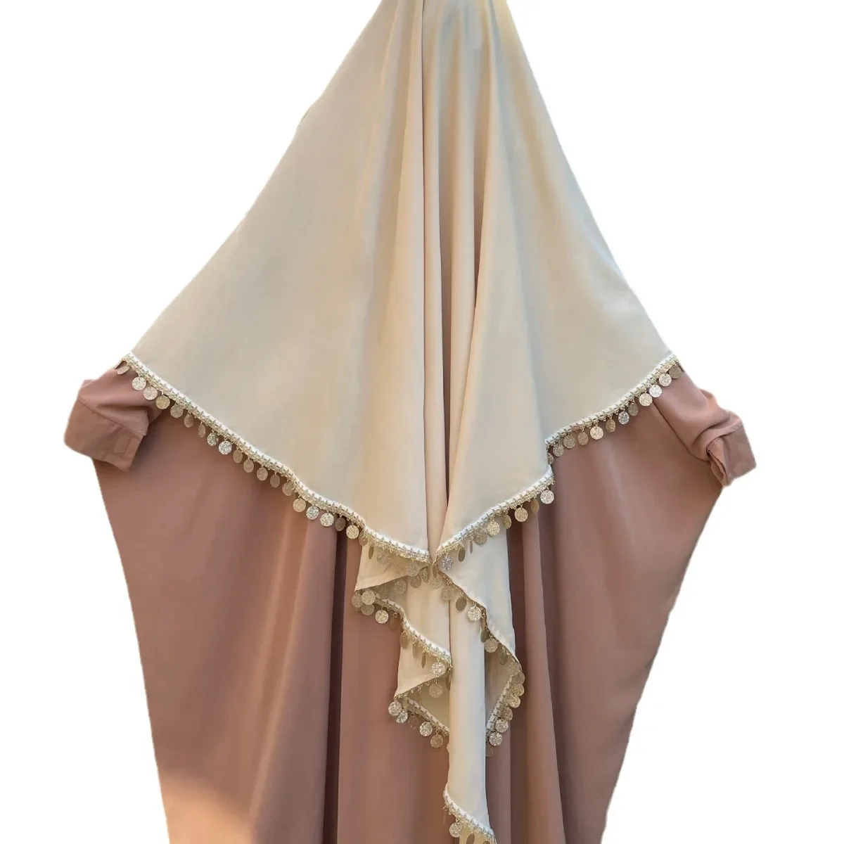 ผ้าคลุมศีรษะแบบฮิญาบสีพื้นแบบมุสลิม ตะวันออกกลาง ดูไบ ตุรกี สีพื้น ชั้นเดียว ประดับเลื่อมคู่ พู่ห้อย