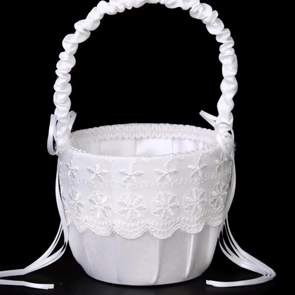 White Bowknot Flower Girls Basket Silk Wedding Basket Flower Bride/Kids Hand Held Party Western Style Wedding Flower Basket