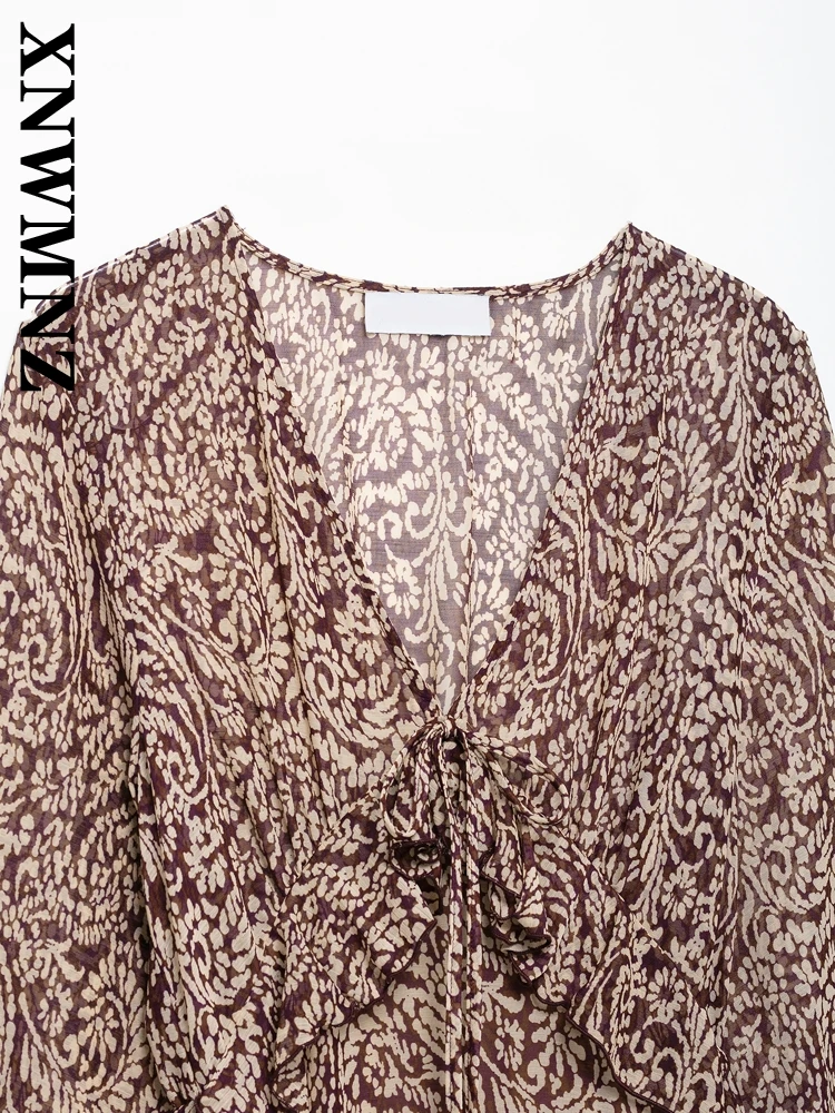 XNWMNZ 2025 Summer New Lady Elegant Long Sleeve Satin Dresses Dress Hipster Female Lace V-Collar Top Loose Fit Midi Skirt Print