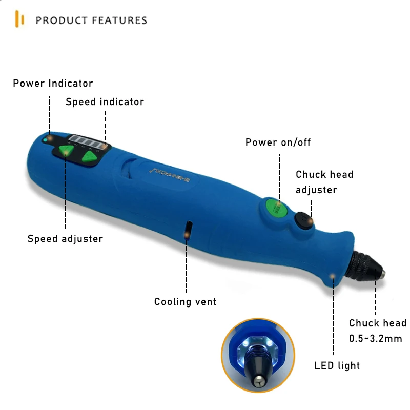 7.4V akülü matkap elektrikli değirmeni Dremel döner aracı ahşap oyma kalem freze gravür için USB şarj aleti LED ışık güç aracı