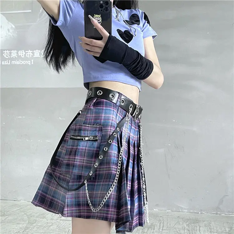 Free Belt Pleated Skirt Harajuku Plaid Women High Waist Mini Tennis Pocket A-line Streetwear Vintage Gothic Korean Fashion