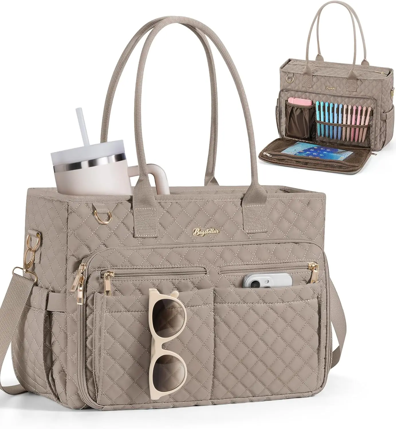 

15.6 Inch Laptop Tote Bag for Women with Cup Holder, Insulated Pocket, Adjustable Strap - Ideal for Work, School & Travel